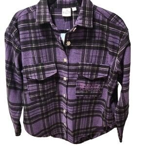Wakanda Forever NWT Long Sleeve Purple Plaid Shacket Shirt Women's Size Small‎
